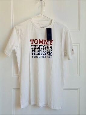 Tommy Hilfiger White Tee with Red and Navy Stacked Logo